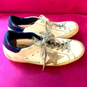 Golden Goose Super-Star Leather Sneakers with Suede Star Navy Heel